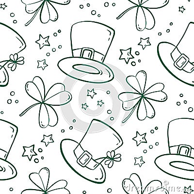 Saint Patricks Day seamless pattern with clover and Leprechaun hat. Vector cartoon spring background. Vector Illustration