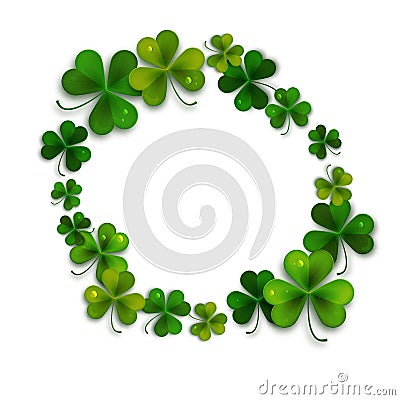 Saint Patricks Day vector background, frame with realistic shamrock leaves Vector Illustration