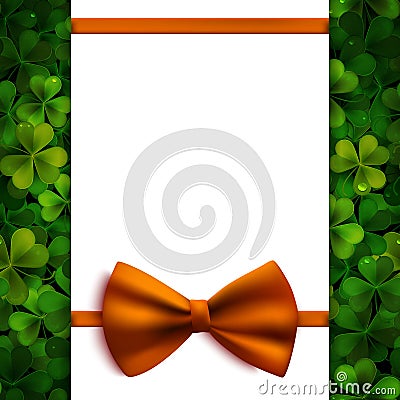 Saint Patricks Day vector background, realistic shamrock leaves and orange bow Vector Illustration