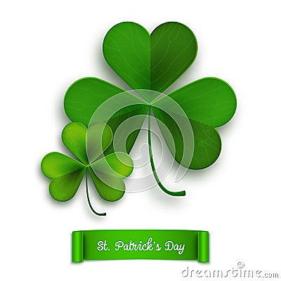 Saint Patricks Day vector greeting card, realistic shamrock leaves Vector Illustration