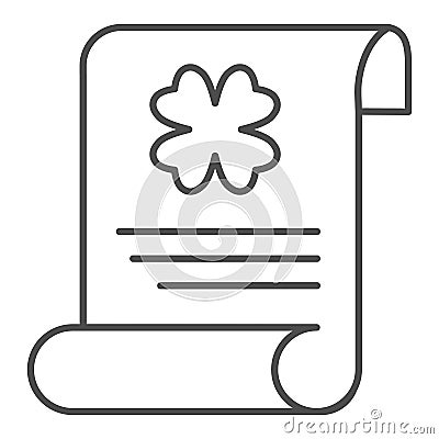 Saint Patricks holiday announcement thin line icon. Paper sheet with clover outline style pictogram on white background Vector Illustration