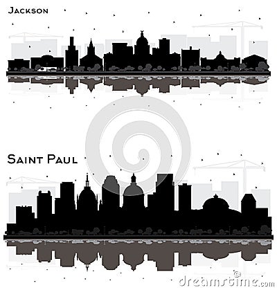 Saint Paul Minnesota and Jackson Mississippi City Skyline Silhouette Set Stock Photo