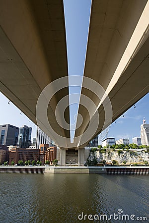 Saint Paul skyline from beneath Wabasha Street Freedom Bridge, Saint Paul, Minnesota Stock Photo