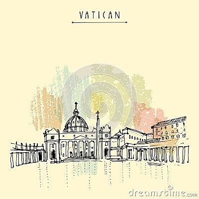 Saint Peter cathedral in Vatican city, Europe. Hand drawing. Travel sketch. Vintage touristic postcard, poster, calendar or book Vector Illustration
