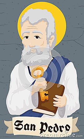 Saint Peter Holding Key and Book behind Greeting Scroll, Vector Illustration Vector Illustration