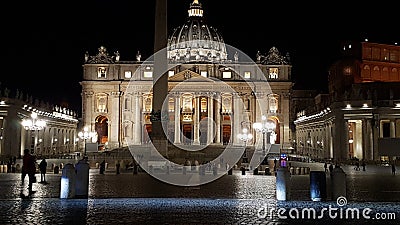 Saint Peter`s Square, St. Peter`s Basilica, night, landmark, reflection, city Editorial Stock Photo