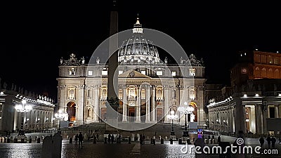 Saint Peter`s Square, St. Peter`s Basilica, St. Peter`s Basilica, night, landmark, city, metropolis Editorial Stock Photo