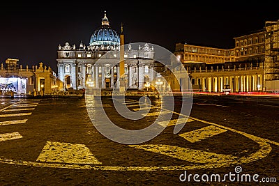 Saint Peter Square and Saint Peter Basilica at Night Editorial Stock Photo