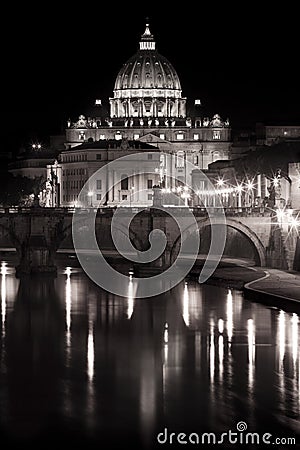 Saint Peter (Vatican) and Tiber river. Night. Stock Photo