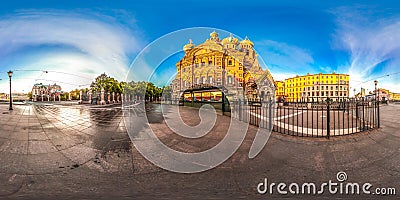 Saint-Petersburg - 2018: Church of the Savior on Blood. White nights. Blue sky. 3D spherical panorama with 360 viewing angle. Read Editorial Stock Photo