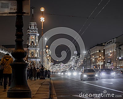 Saint-Petersburg historical building city night road cars light illumination Editorial Stock Photo