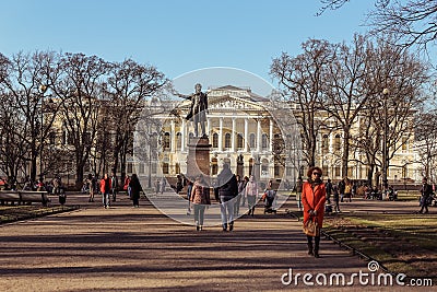 Saint Petersburg, Russia - April 21 2019: children adults walk on the Arts square on a Sunny spring day Editorial Stock Photo