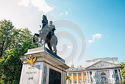 Monument to Peter I and Saint Michael`s Castle in Saint Petersburg, Russia Editorial Stock Photo