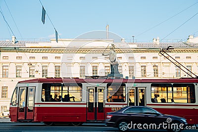 A.V. Suvorov statue and old tram in Saint Petersburg, Russia Editorial Stock Photo