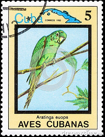 Saint Petersburg, Russia - December 05, 2020: Postage stamp issued in the Cuba with the image of the Cuban Parakeet, Aratinga Editorial Stock Photo