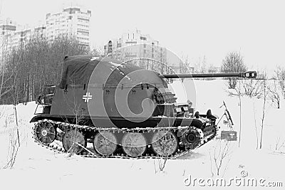 Saint Petersburg, Russia - February 25, 2017: Black and white image of the German self-propelled gun Marder during the festival of Editorial Stock Photo