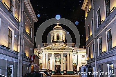Saint-Petersburg, Russia - January 4, 2016: Armenian Apostolic Church of St. Catherine. Winter night in Saint-Petersburg. Editorial Stock Photo