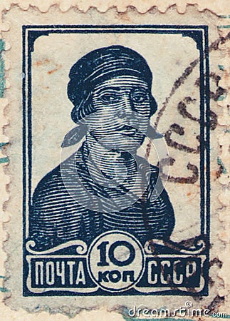 Saint Petersburg, Russia - January 25, 2020: Postage stamp issued in the Soviet Union with the image of the Female worker, circa Editorial Stock Photo