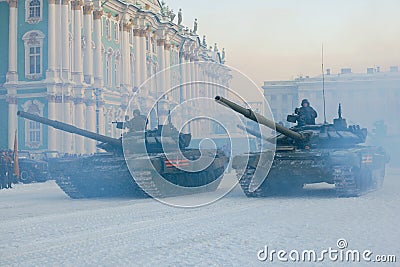 Two Russian tanks at the final rehearsal of the military parade Editorial Stock Photo