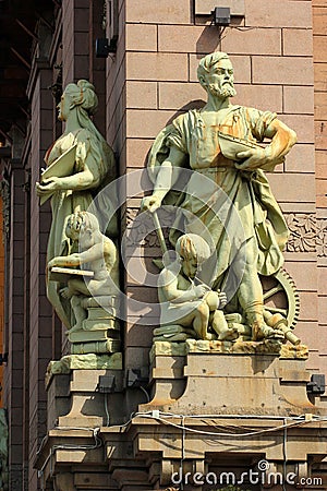 Saint Petersburg, Russia - July 5, 2017: Art Nouveau sculptures on Yeliseyev Emporium, a large retail and entertainment complex, Editorial Stock Photo