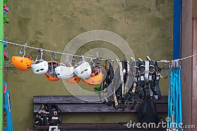 Saint Petersburg, Russia - July 12, 2019: Equipment for classes on the climbing wall on the rope Editorial Stock Photo