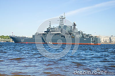 Large amphibious ship `Minsk` at the Palace embankment. Navy Day in St. Petersburg Editorial Stock Photo