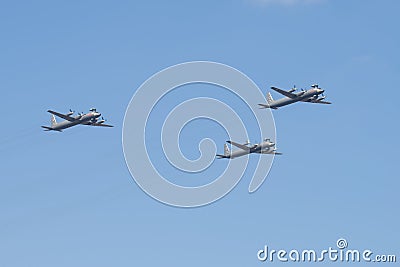 Three Il-38N antisubmarine aircraft take part in the naval parade in honor of Navy Day Editorial Stock Photo