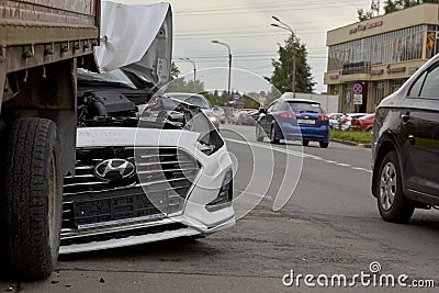 Saint Petersburg, Russia-June 08, 2019: badly broken new car total damage Editorial Stock Photo