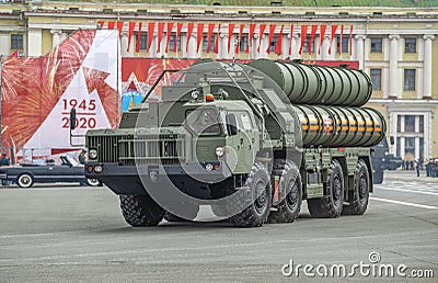 The launcher of the S-400 Triumph anti-aircraft missile system close-up. Saint-Petersburg Editorial Stock Photo