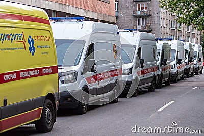 Saint Petersburg: a queue of ambulances wait for the turn at the admission department of Pokrovskaya Hospital Editorial Stock Photo