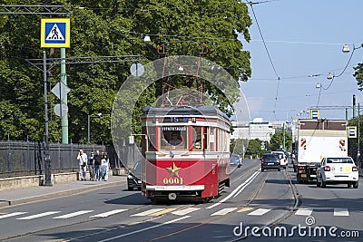 Tourist retro tram of the LM-33 (replica) Editorial Stock Photo