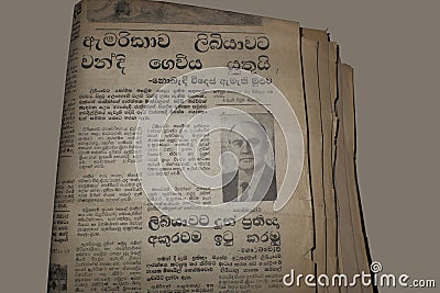 Old Sri Lanka newspaper with the portrait of Mikhail Gorbachev. Close up view. Editorial Stock Photo