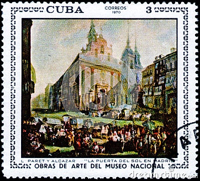 Saint Petersburg, Russia - March 06, 2020: Postage stamp issued in the Cuba with the image of the Puerta del Sol, Madrid, painting Editorial Stock Photo