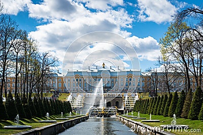 Peterhof fountains and palace view and tourists in Saint Petersburg Editorial Stock Photo