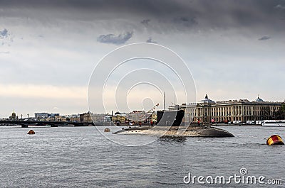 Saint-Petersburg, Russia, May 6, 2015: Russian submarine in the water area of the Neva River Editorial Stock Photo