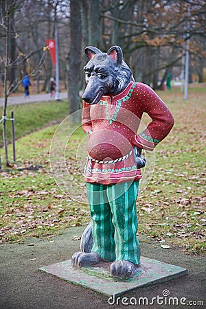 Sestroretsk, Dubki park, playground, colorful sculpture of the hero of the Russian fairy tale, the Gray Wolf Editorial Stock Photo