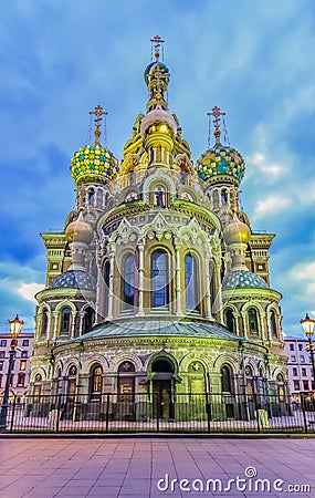 Ornate exterior of Church of Savior on Spilled Blood or Cathedral of Resurrection of Christ in Saint Petersburg, Russia at sunset Editorial Stock Photo
