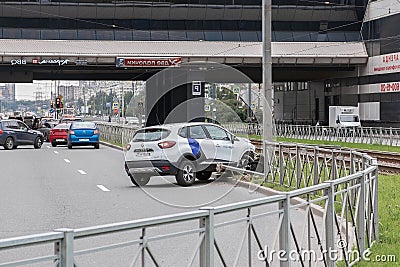 Saint Petersburg, Russia, September 2020: accident of a carsharing car Renault captur, a total accident of a white car that flew o Editorial Stock Photo