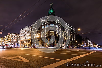 Saint Petersburg, RUSSIA - September , 10,2017 : Nevsky Prospekt, the Singer Building, House of the Book in the night Editorial Stock Photo