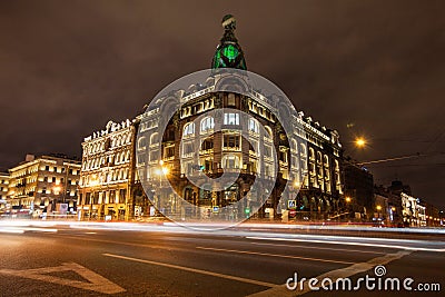 Saint Petersburg, RUSSIA - September , 10,2017 : Nevsky Prospekt, the Singer Building, House of the Book in the night Editorial Stock Photo