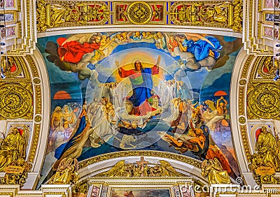 Colorful fresco icon of Jesus Christ on the ceiling in Saint Isaac's Russian Orthodox Cathedral in Saint Petersburg, Russia Editorial Stock Photo