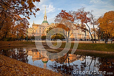 Saint Petersburg, Russia - View at Mikhailovsky castle from the Michael Garden (Mikhaylovskiy Sad) at sunset Stock Photo