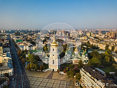 Saint Sophia`s Cathedral, square. Kiev Kiyv Ukraine with Places of Interest. Aerial drone photo. Sunrise light. City Stock Photo