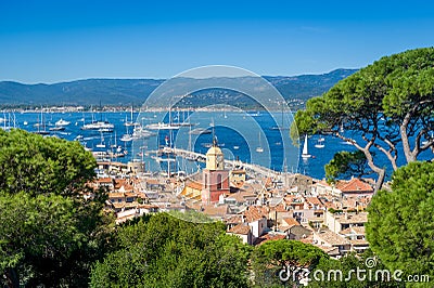 Saint-Tropez old town and yacht marina view from fortress on the hill. Stock Photo
