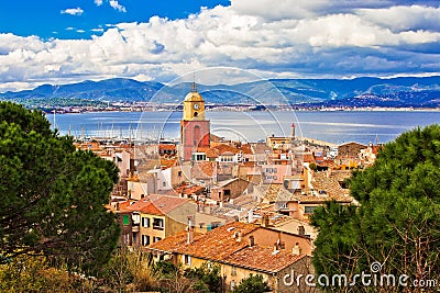 Saint Tropez village church tower and old rooftops view Stock Photo