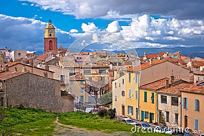 Saint Tropez village church tower and old rooftops view, famous tourist destination on Cote d Azur Stock Photo