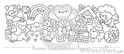 Saint Valentine black and white horizontal banner with cute kawaii characters for kids. Vector cupid, unicorn, rainbow, hearts. Vector Illustration