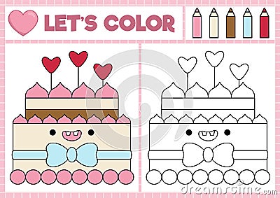 Saint Valentine coloring page for children with cute kawaii cake with heart shaped candles. Vector love holiday outline Vector Illustration
