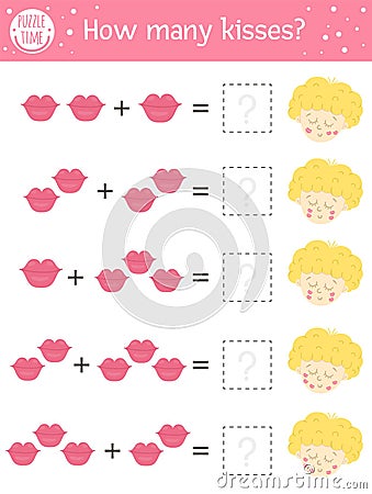 Saint Valentine day counting game with kisses and cupid. Holiday activity for preschool children with love theme. Educational Vector Illustration