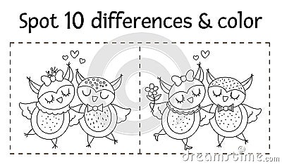 Saint Valentine day find differences game for children. Holiday black and white educational activity and coloring page with funny Vector Illustration